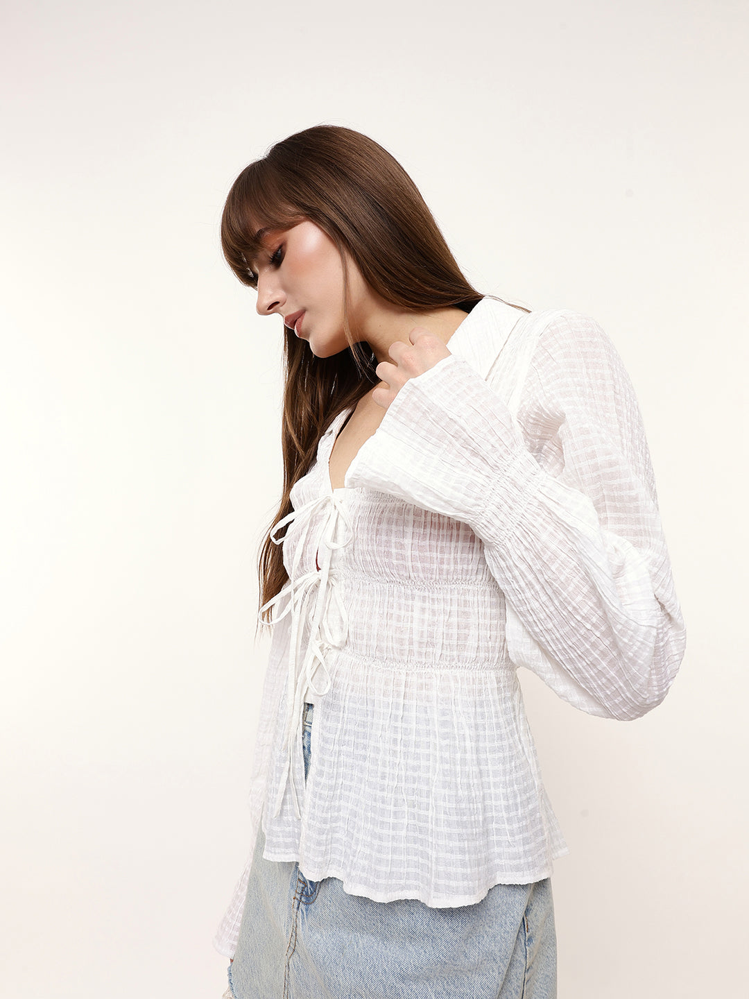 Smocked Ruched Front Tie Top