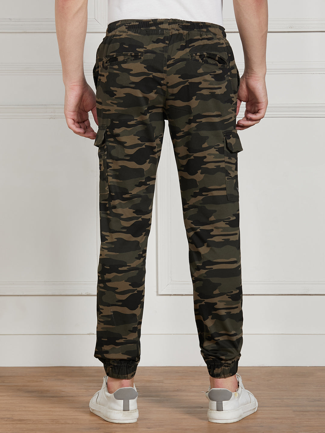 Men's Olive Cotton Lycra Camouflage Stretchable Regular Fit Cargo Joggers