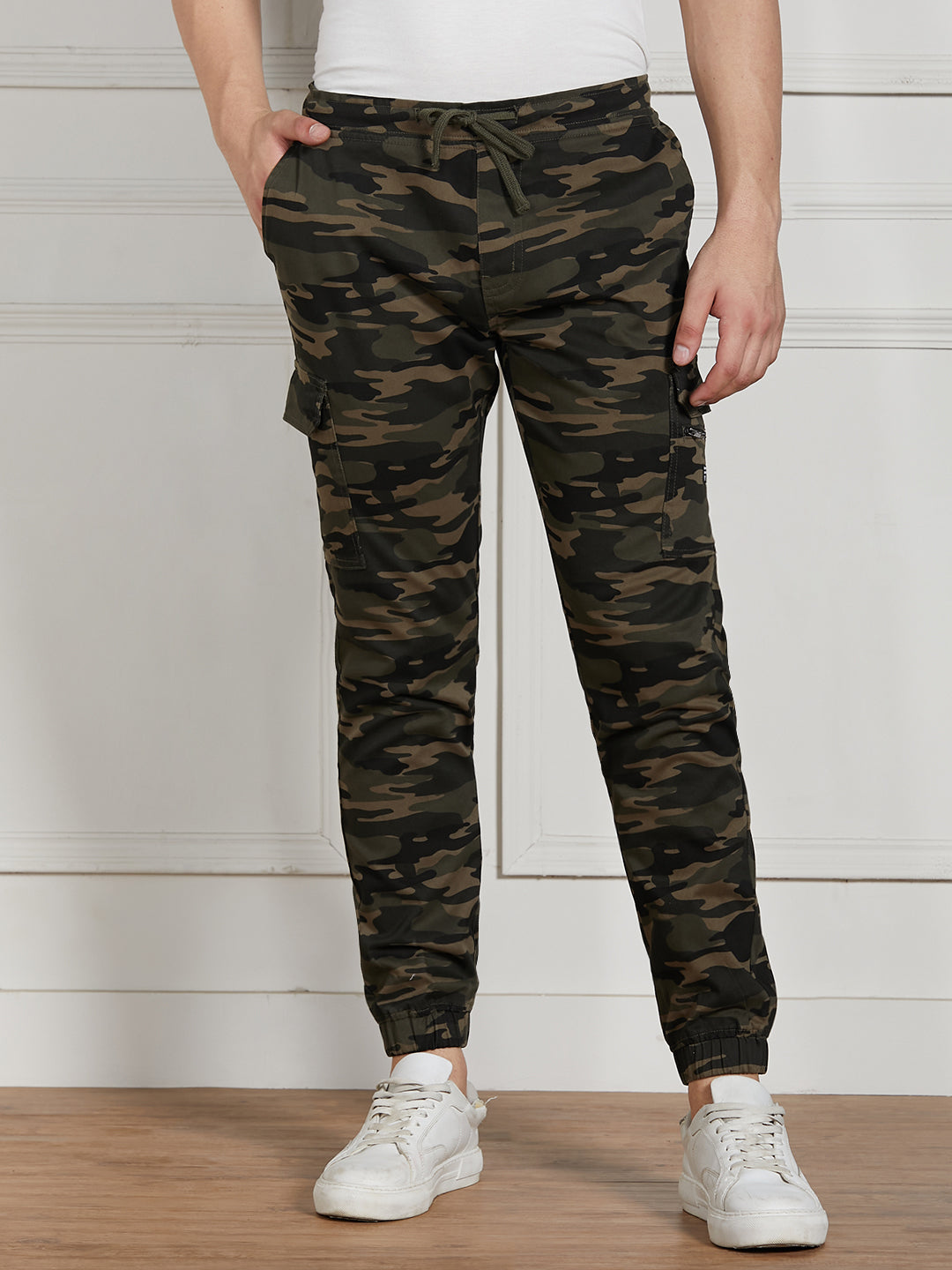 Men's Olive Cotton Lycra Camouflage Stretchable Regular Fit Cargo Joggers