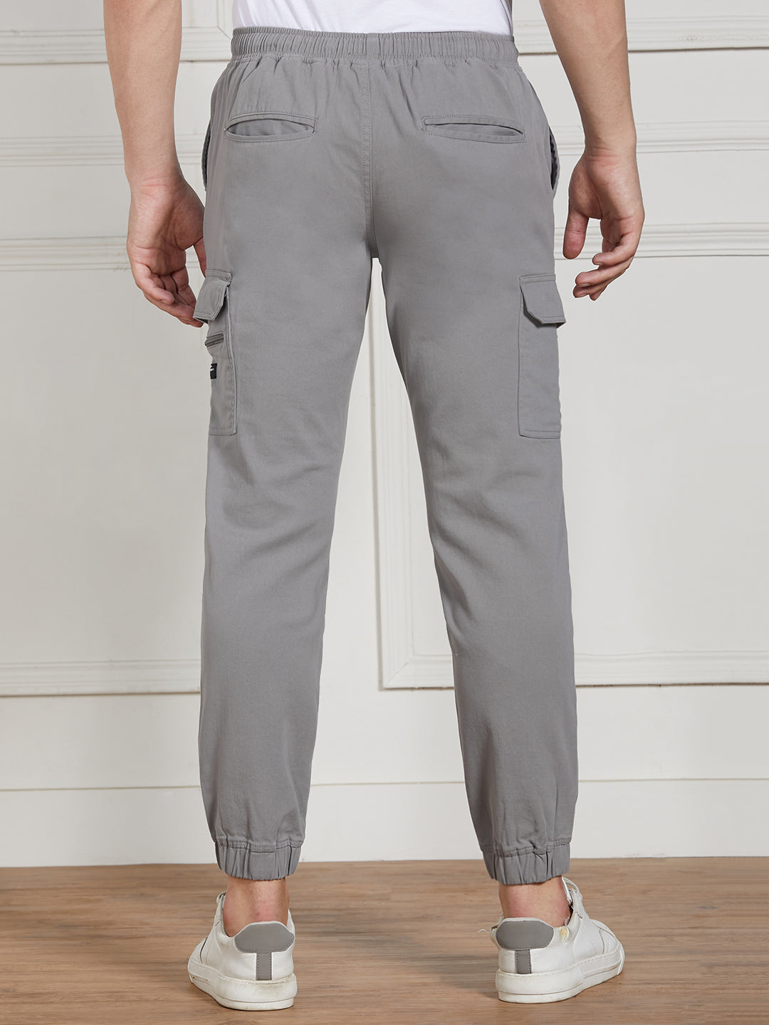 Men's Mid Grey Cotton Lycra Solid Stretchable Regular Fit Cargo Joggers