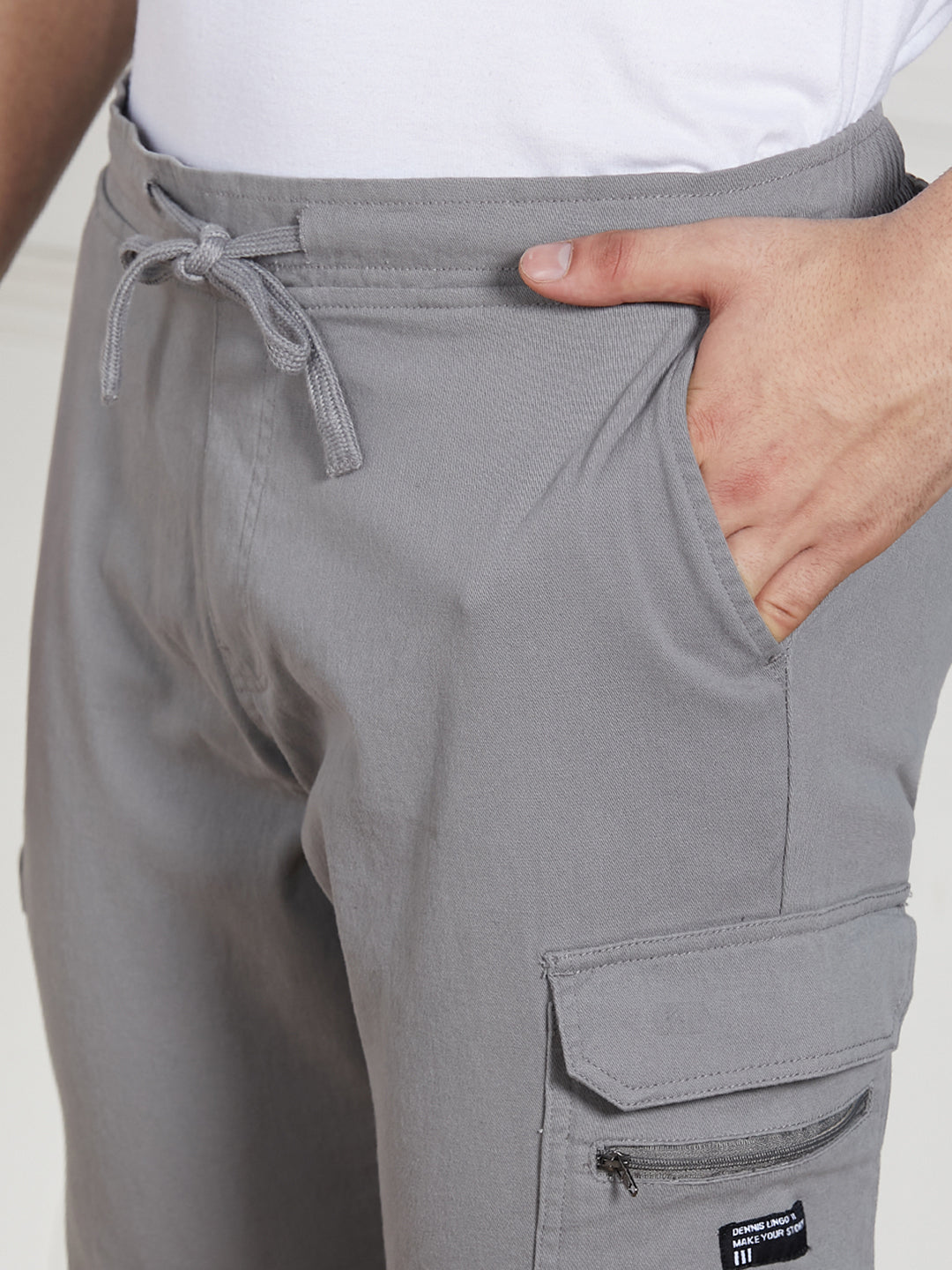 Men's Mid Grey Cotton Lycra Solid Stretchable Regular Fit Cargo Joggers