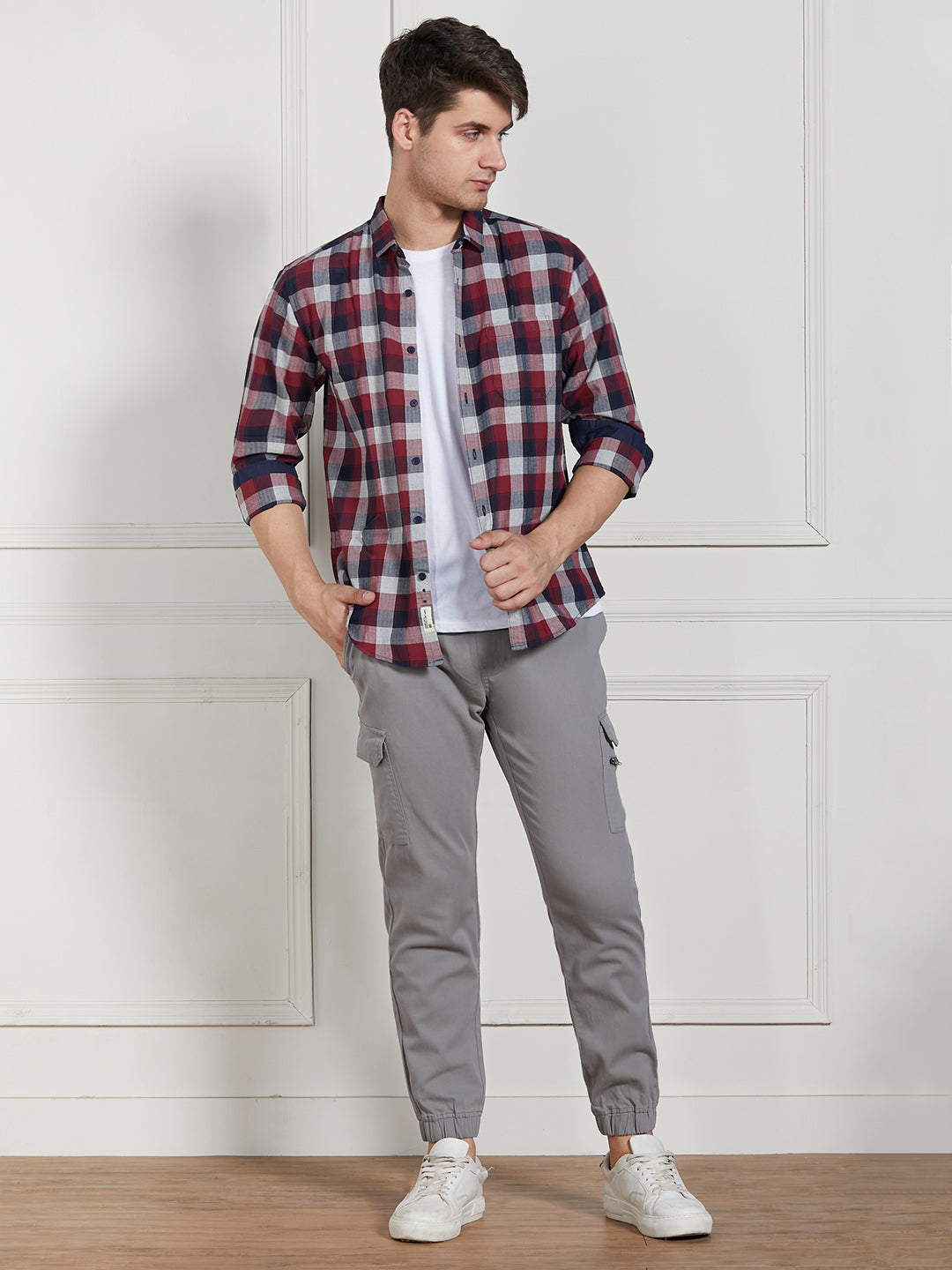 Men's Mid Grey Cotton Lycra Solid Stretchable Regular Fit Cargo Joggers