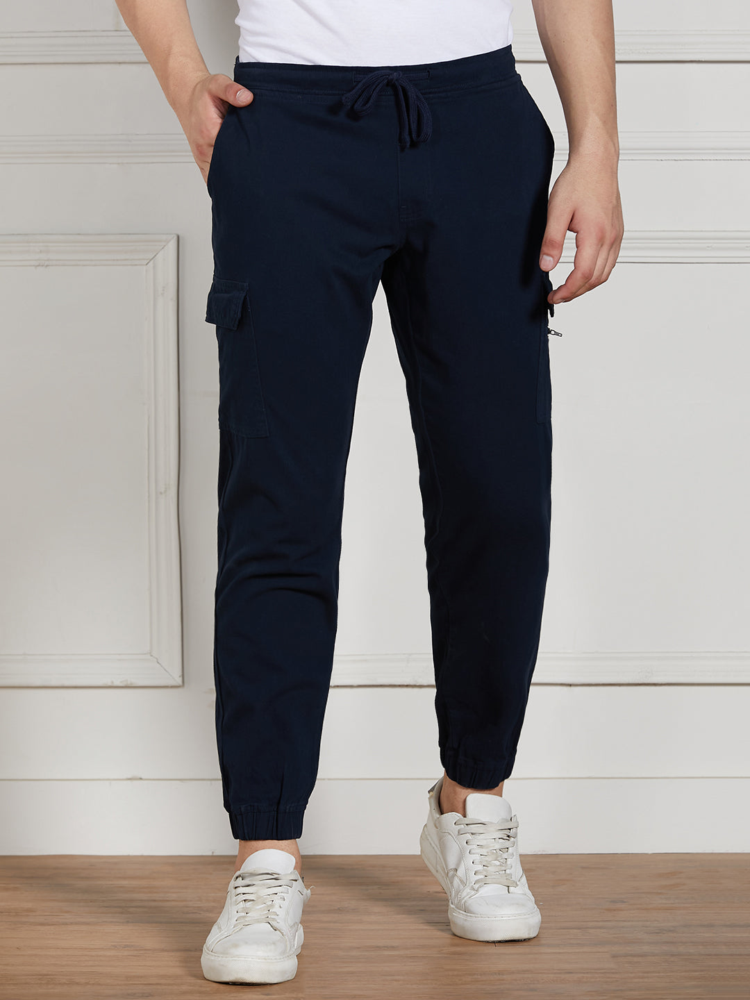 Men's Navy Cotton Lycra Solid Stretchable Regular Fit Cargo Joggers