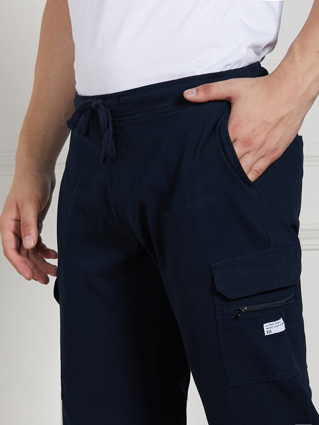 Men's Navy Cotton Lycra Solid Stretchable Regular Fit Cargo Joggers