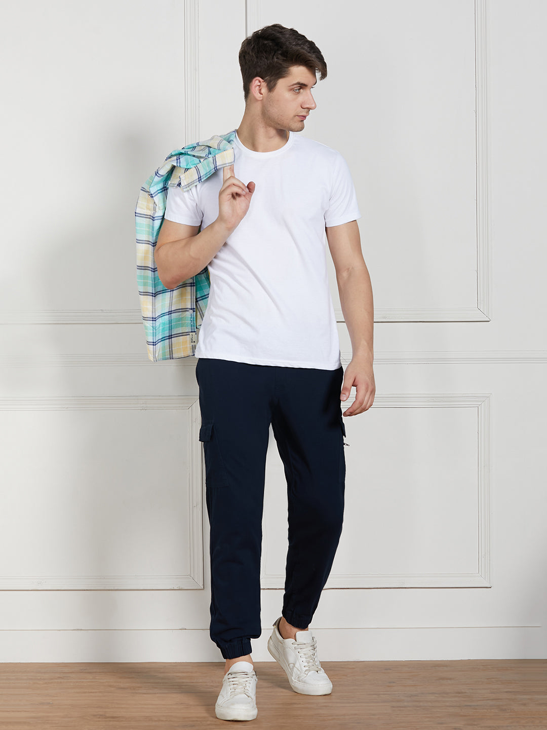 Men's Navy Cotton Lycra Solid Stretchable Regular Fit Cargo Joggers