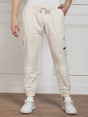 Men's Solid Cream Stretchable Cargo Joggers