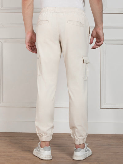 Men's Solid Cream Stretchable Cargo Joggers