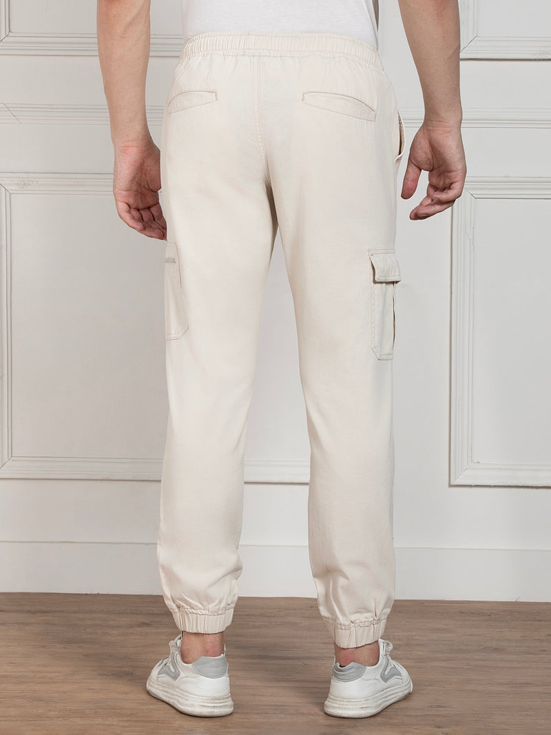 Men's Solid Cream Stretchable Cargo Joggers