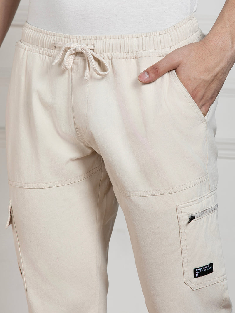 Men's Solid Cream Stretchable Cargo Joggers