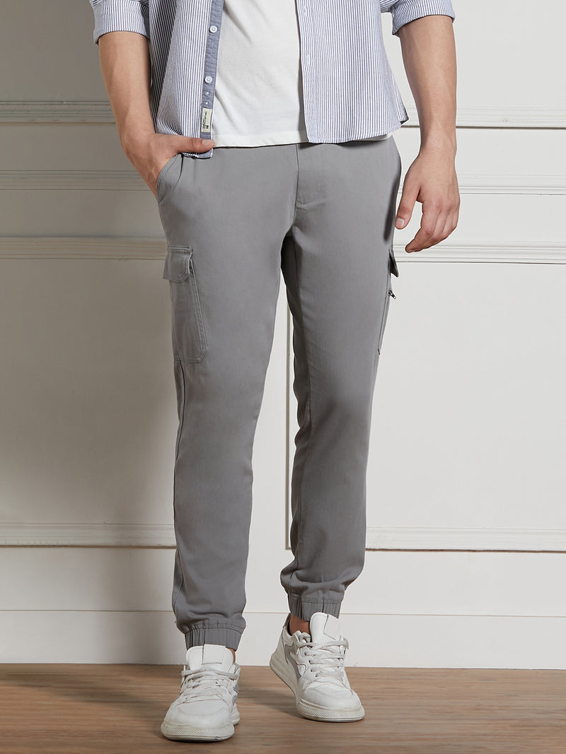 Men's Mid Grey Cotton Lycra Solid Stretchable Regular Fit Cargo Joggers