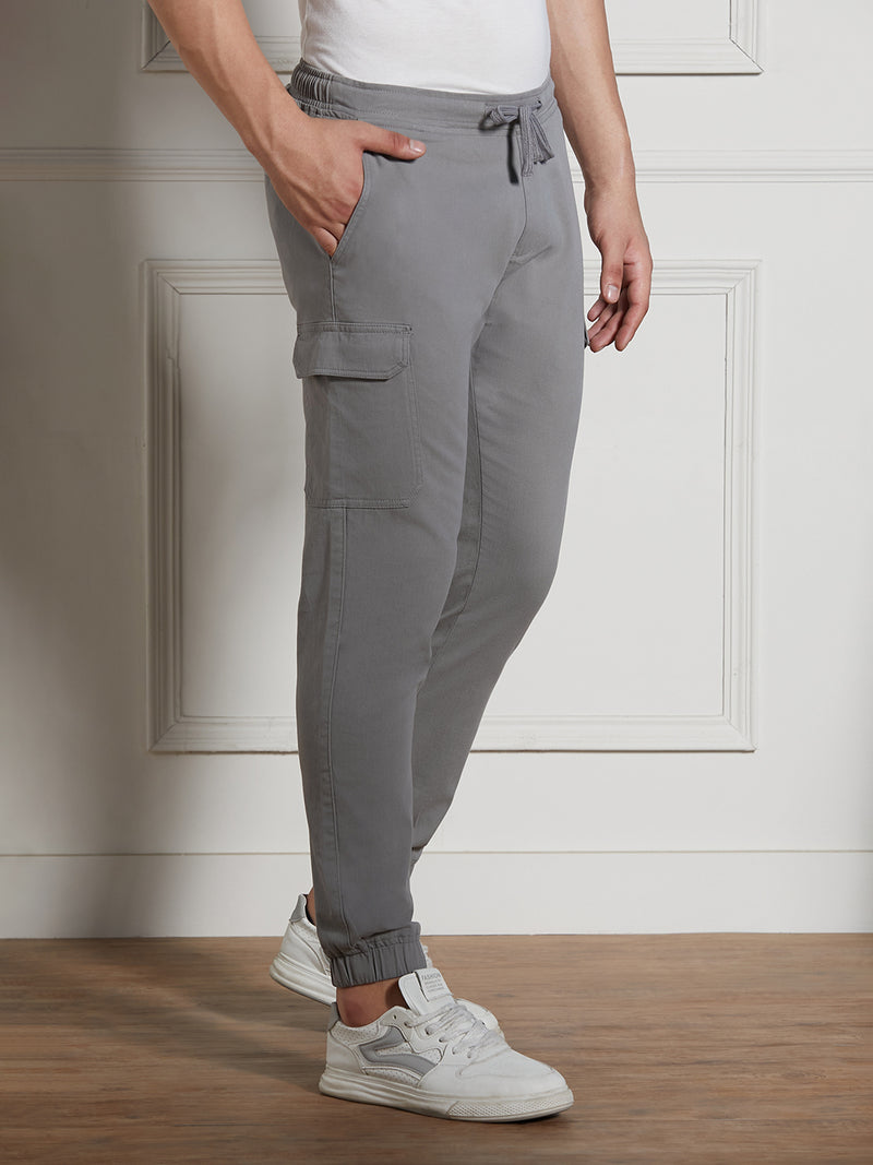 Men's Mid Grey Cotton Lycra Solid Stretchable Regular Fit Cargo Joggers