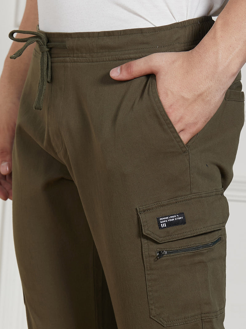 Men's Olive Cotton Lycra Solid Stretchable Regular Fit Cargo Joggers