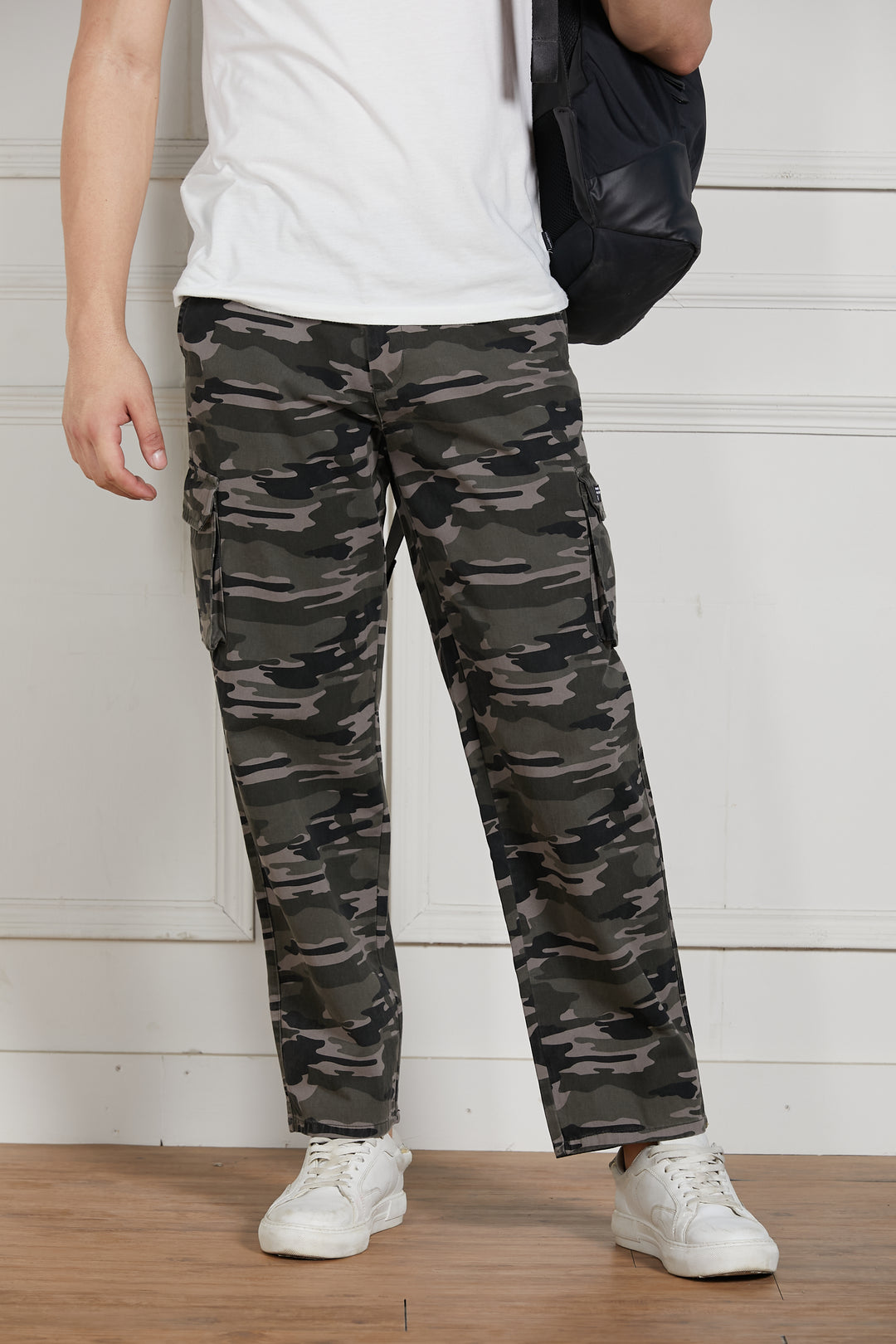 Men's Grey Cotton Lycra Camouflage Stretchable Relaxed fit Cargo Trousers