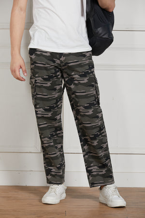 Men's Grey Cotton Lycra Camouflage Stretchable Relaxed fit Cargo Trousers