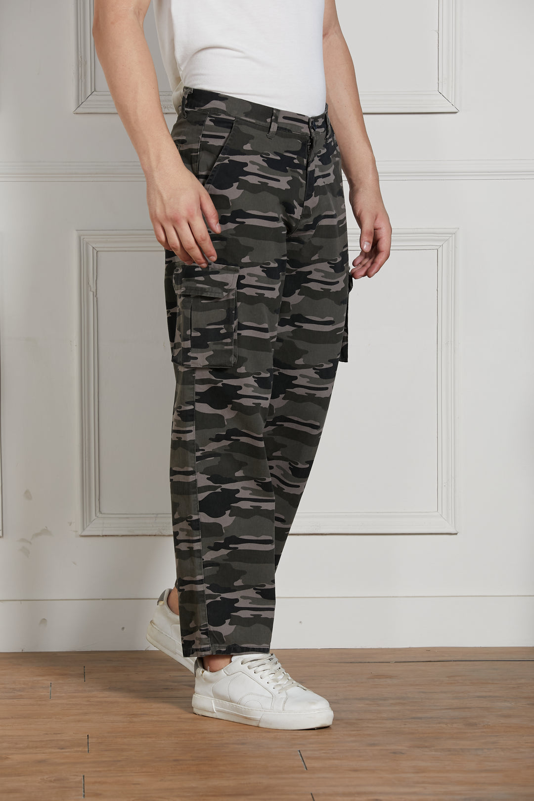 Men's Grey Cotton Lycra Camouflage Stretchable Relaxed fit Cargo Trousers