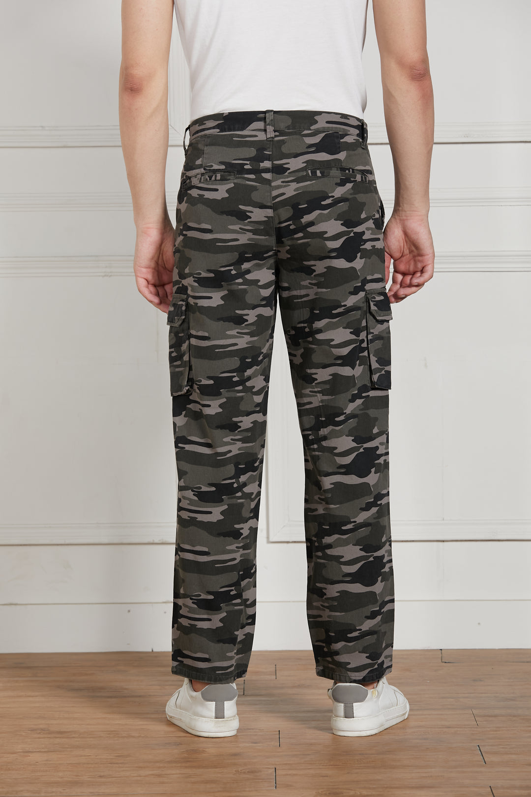 Men's Grey Cotton Lycra Camouflage Stretchable Relaxed fit Cargo Trousers
