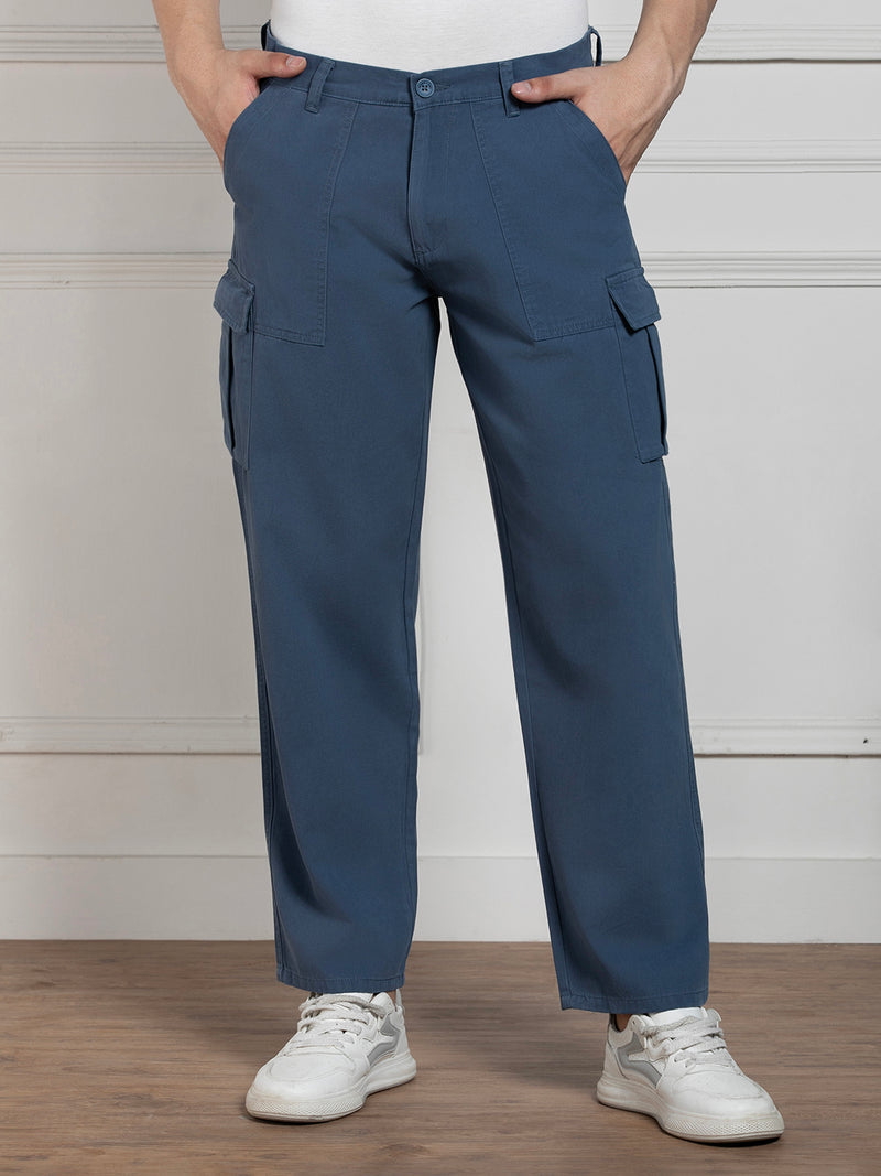 Dennis Lingo Men's Solid Blue Stretchable Cargo Trousers