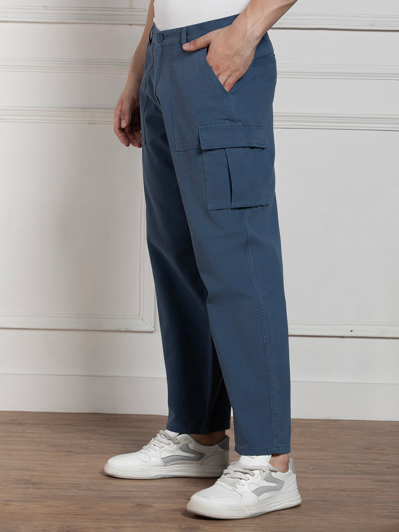 Men's Solid Blue Stretchable Cargo Trousers