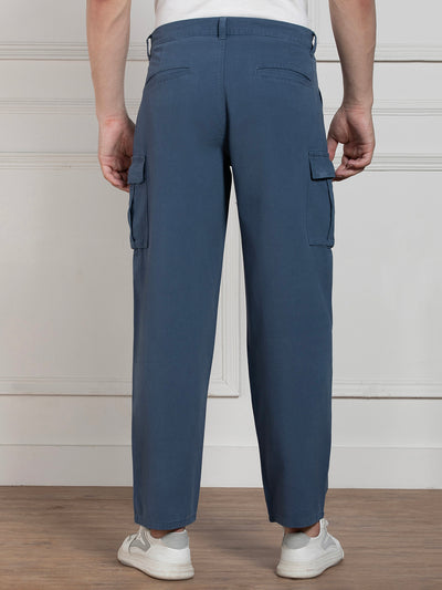 Men's Solid Blue Stretchable Cargo Trousers