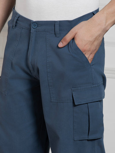 Men's Solid Blue Stretchable Cargo Trousers