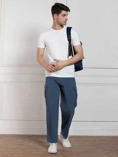Men's Solid Blue Stretchable Cargo Trousers