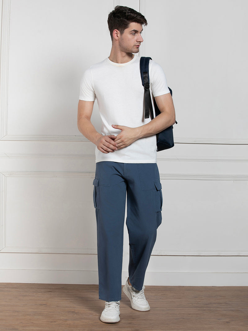 Men's Solid Blue Stretchable Cargo Trousers