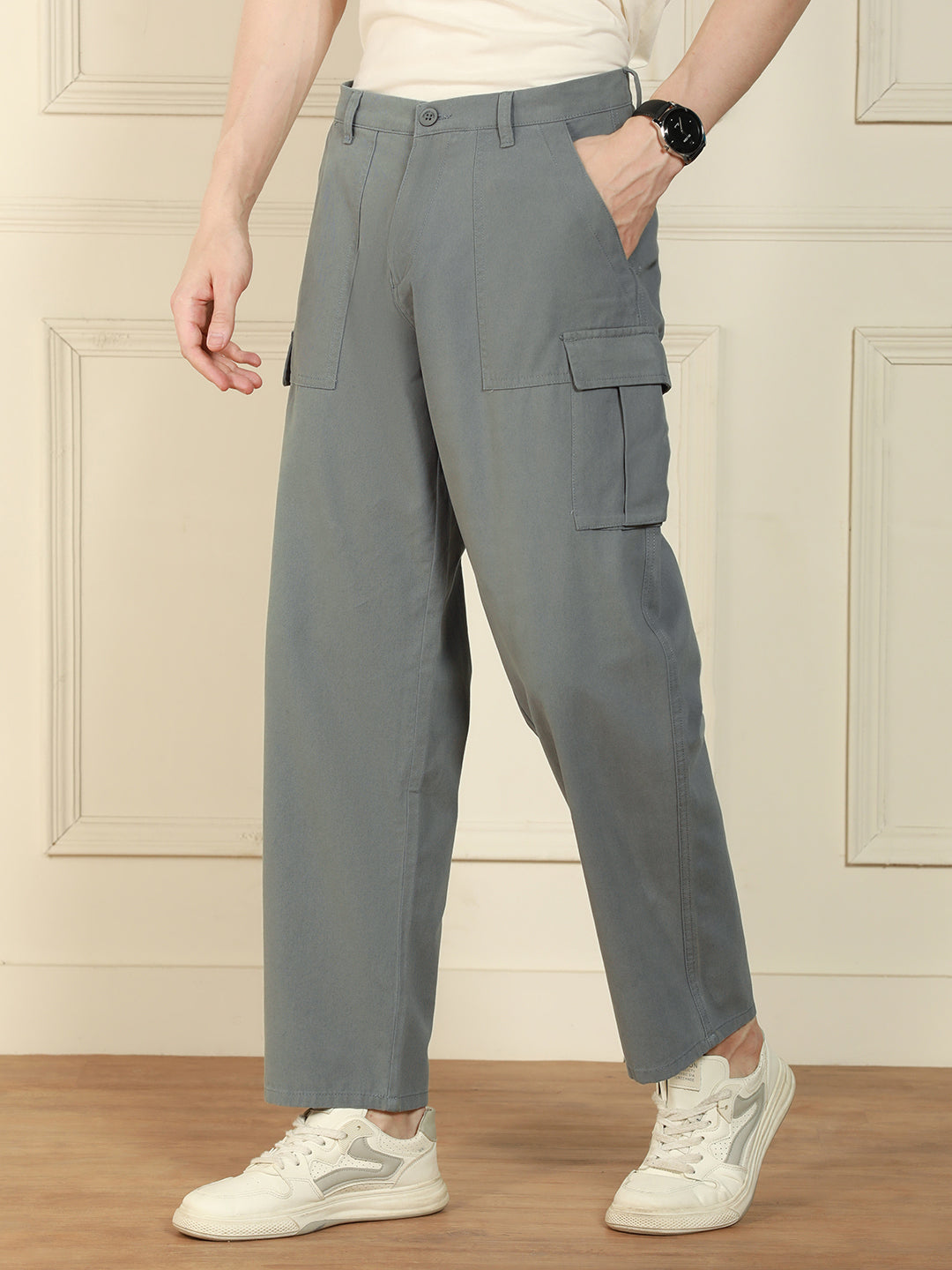 Men's Dark Grey Relaxed Fit Solid Cotton Lycra Stretchable Trousers