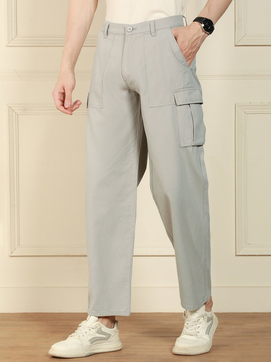 Men's Light Grey Relaxed Fit Solid Cotton Lycra Stretchable Trousers