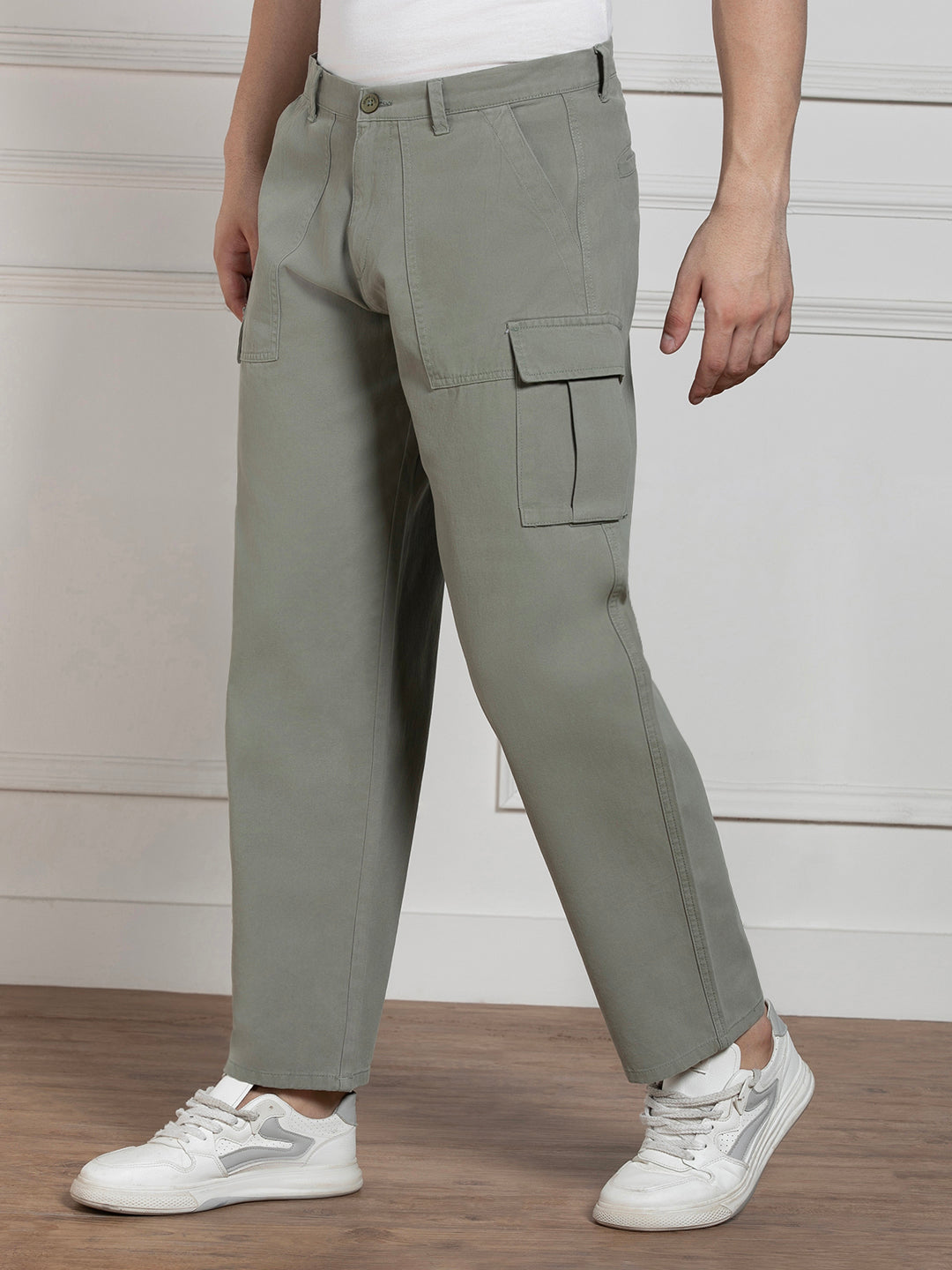 Men's Solid Sage Green Stretchable Cargo Trousers