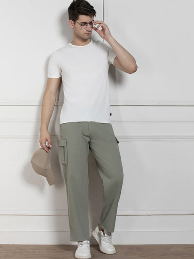 Dennis Lingo Men's Solid Sage Green Stretchable Cargo Trousers