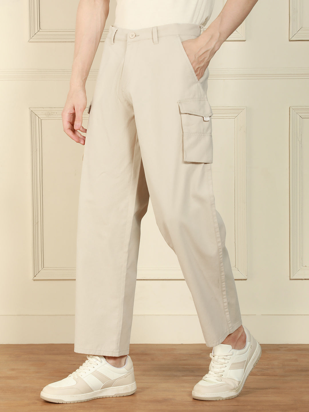 Men's cream Relaxed Fit Solid Cotton Lycra Stretchable Trousers