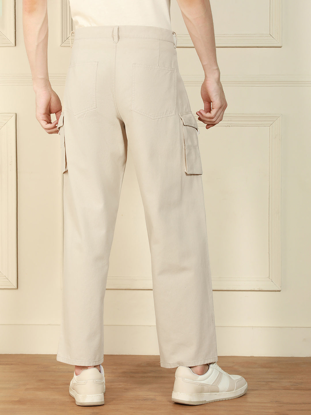 Men's cream Relaxed Fit Solid Cotton Lycra Stretchable Trousers
