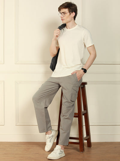 Men's Mid Grey Relaxed Fit Solid Cotton Lycra Stretchable Trousers