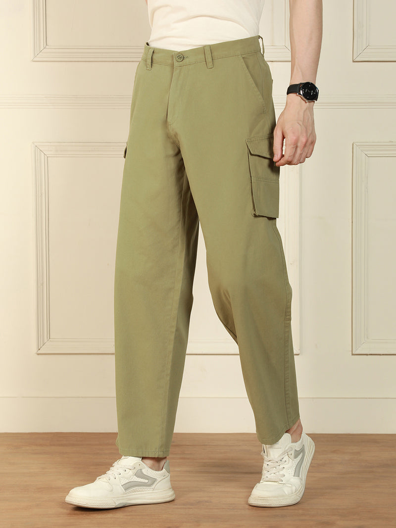 Dennis Lingo Men's light olive Relaxed Fit Solid Cotton Lycra Stretchable Trousers