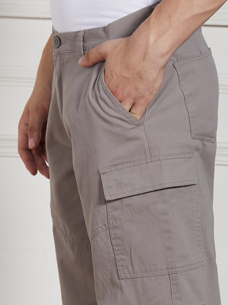 Men's Mid Grey Cotton Lycra Solid Stretchable Relaxed fit Cargo Trousers