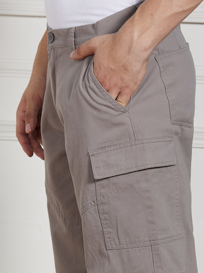 Men's Mid Grey Cotton Lycra Solid Stretchable Relaxed fit Cargo Trousers