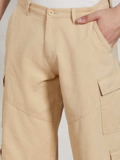 Dennis Lingo Men Light Khaki Cotton Lycra Solid Stretchable Relaxed fit Cargo Trousers