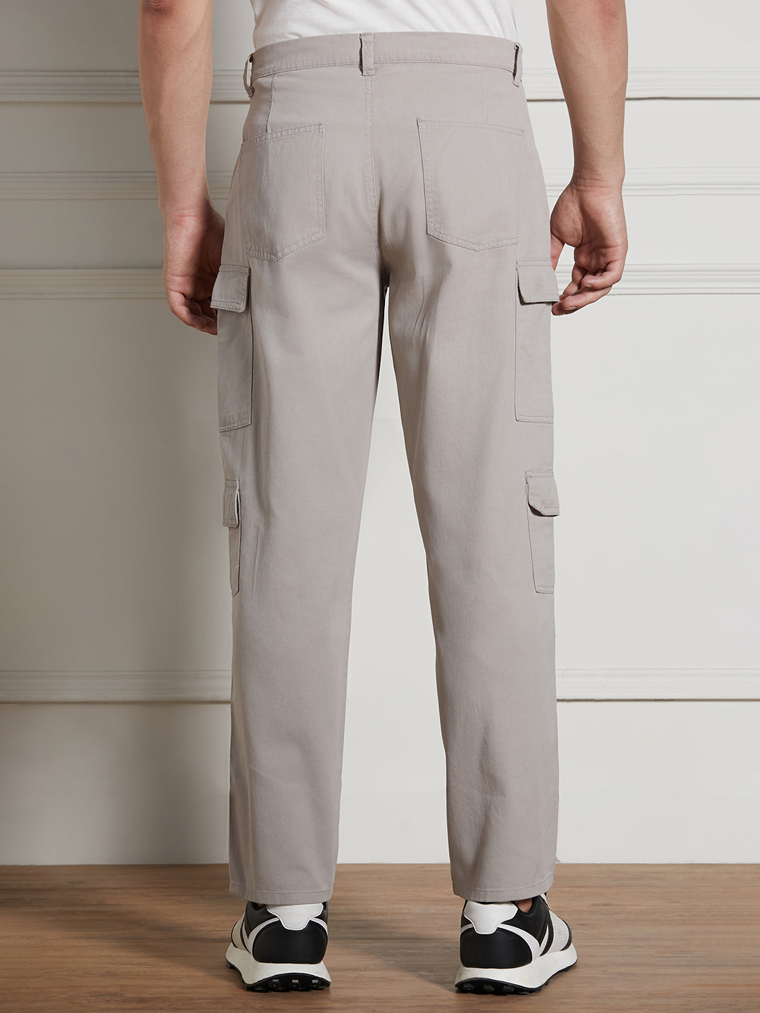 Men's Light Grey Cotton Lycra Solid Stretchable Relaxed fit Cargo Trousers