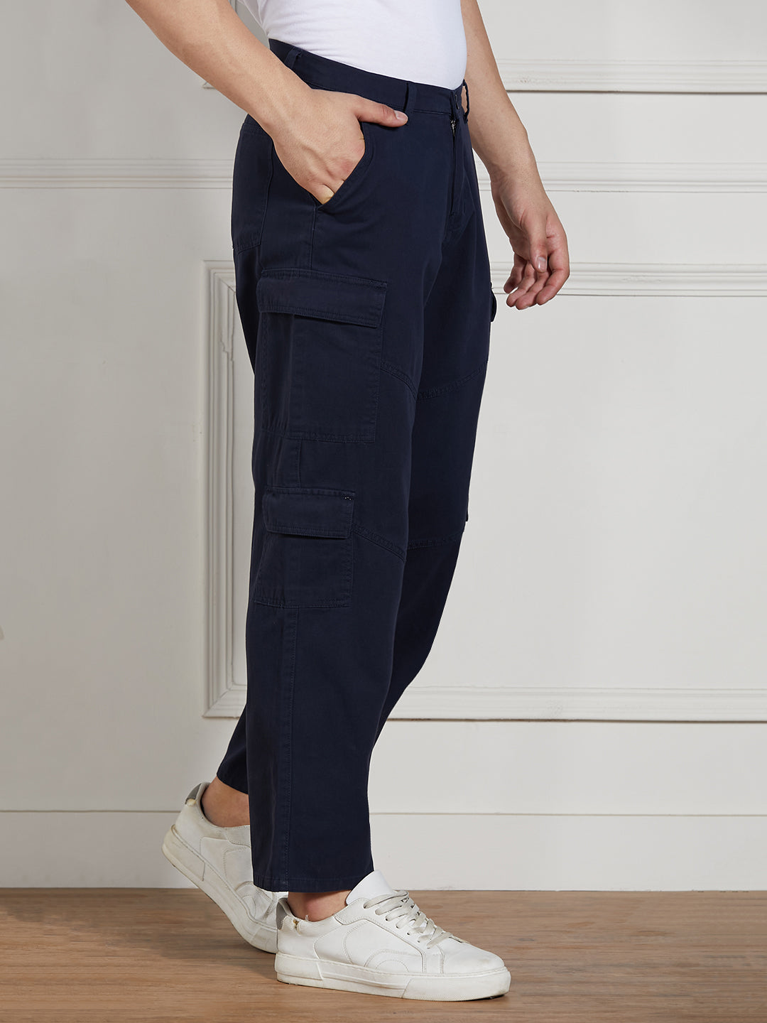 Men's Navy Cotton Lycra Solid Stretchable Relaxed fit Cargo Trousers