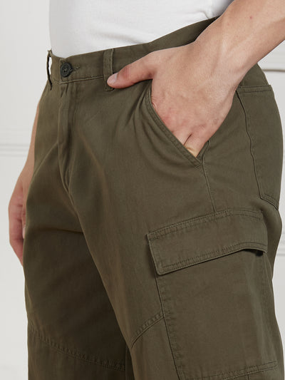 Dennis Lingo Men Olive Cotton Lycra Solid Stretchable Relaxed fit Cargo Trousers