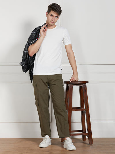 Dennis Lingo Men Olive Cotton Lycra Solid Stretchable Relaxed fit Cargo Trousers