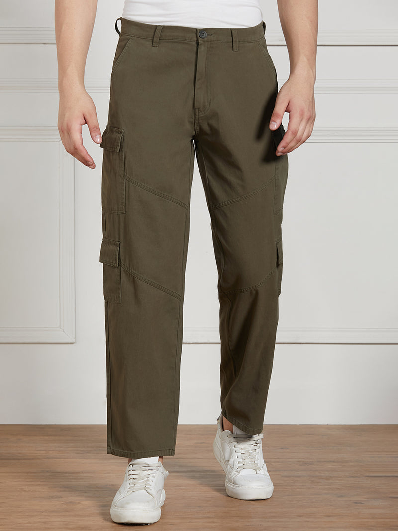 Dennis Lingo Men Olive Cotton Lycra Solid Stretchable Relaxed fit Cargo Trousers