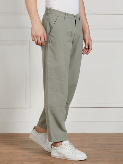 Men's Sage Green Cotton Lycra Solid Stretchable Relaxed fit Cargo Trousers