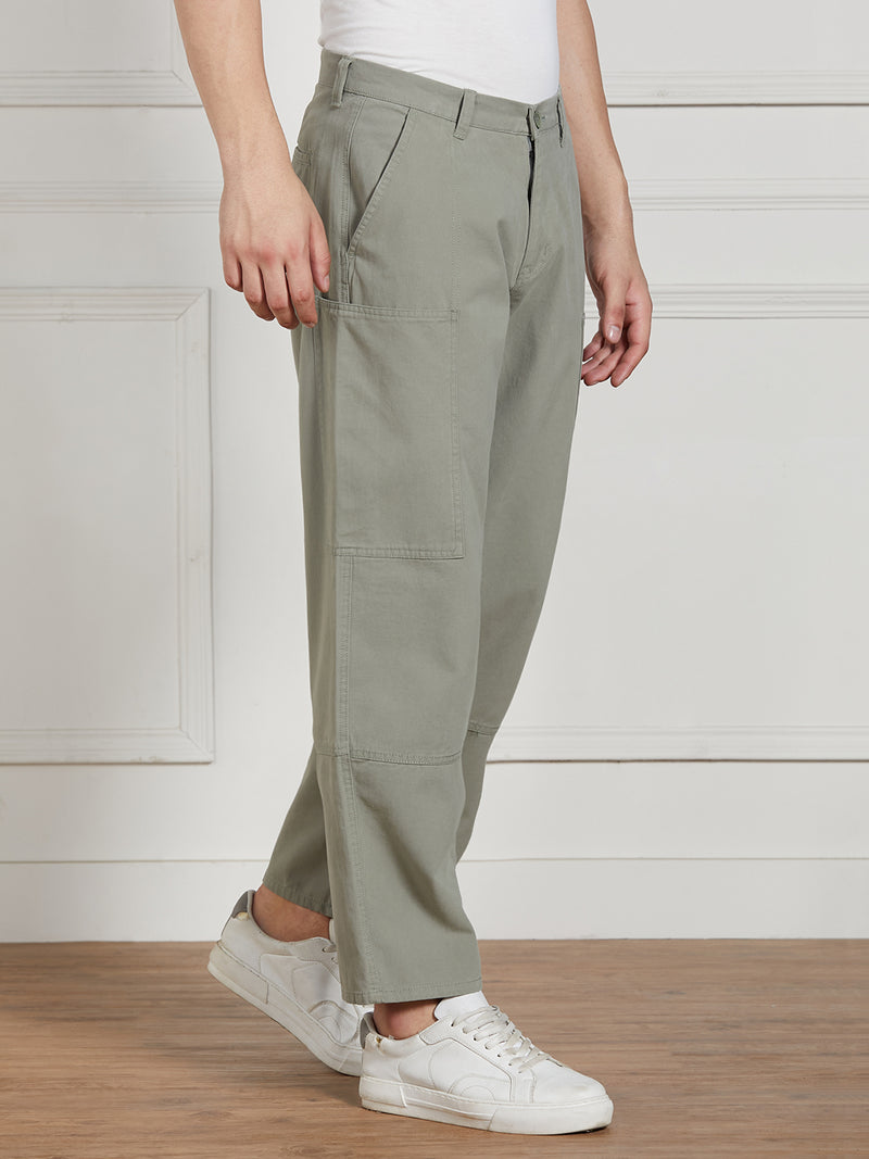 Men's Sage Green Cotton Lycra Solid Stretchable Relaxed fit Cargo Trousers