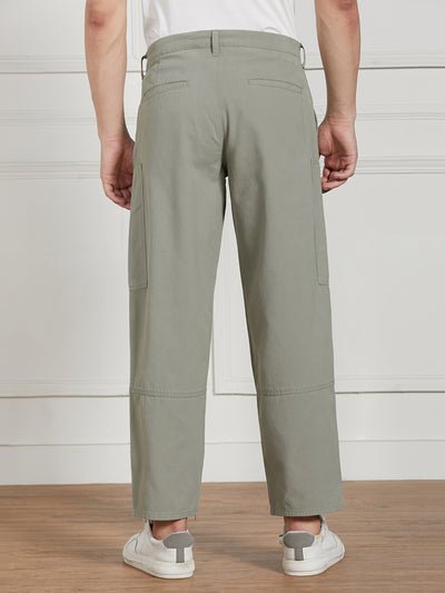 Men's Sage Green Cotton Lycra Solid Stretchable Relaxed fit Cargo Trousers