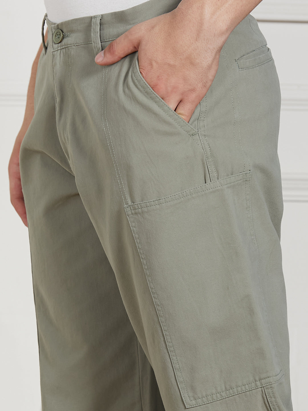 Men's Sage Green Cotton Lycra Solid Stretchable Relaxed fit Cargo Trousers