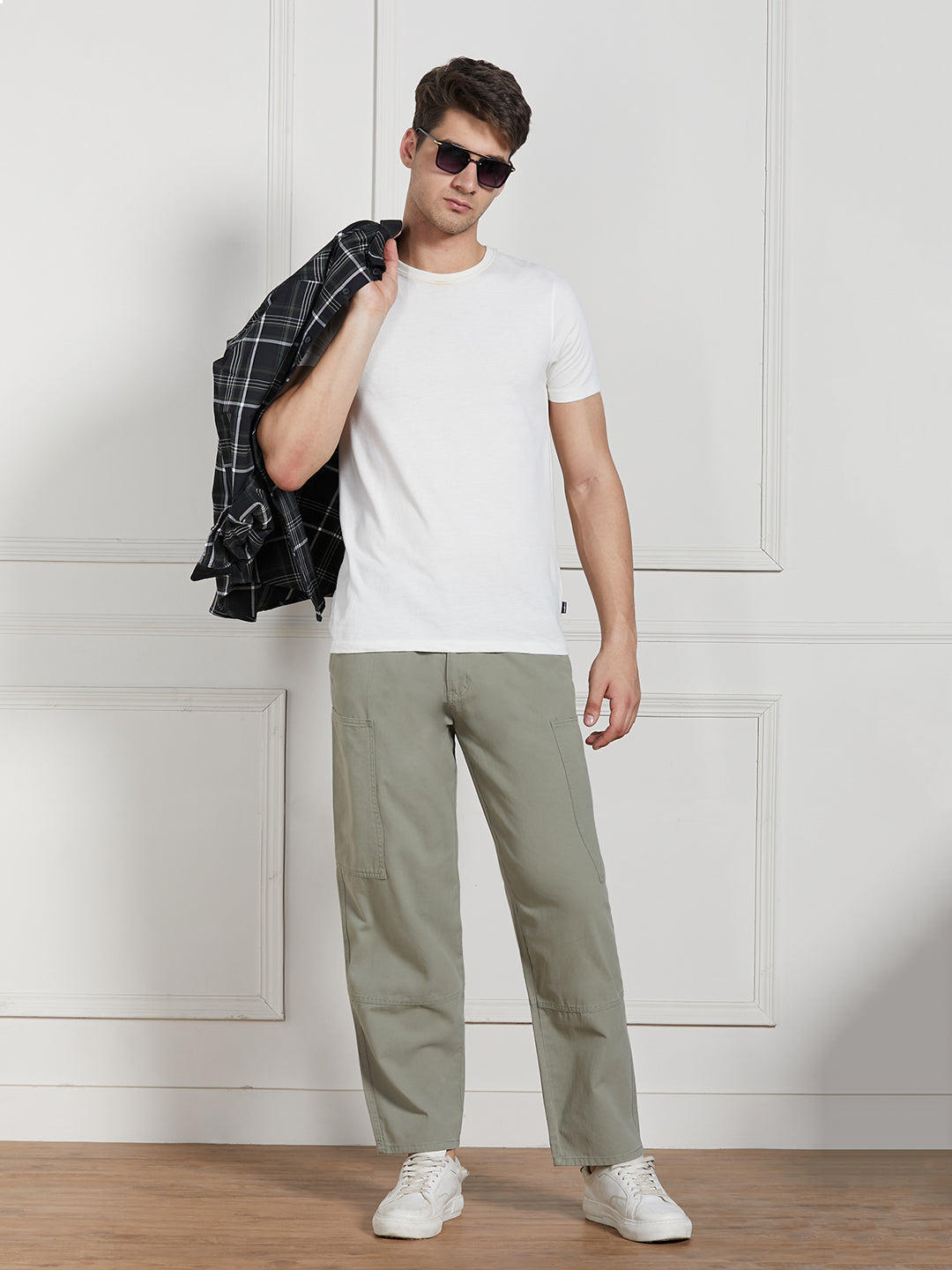 Men's Sage Green Cotton Lycra Solid Stretchable Relaxed fit Cargo Trousers