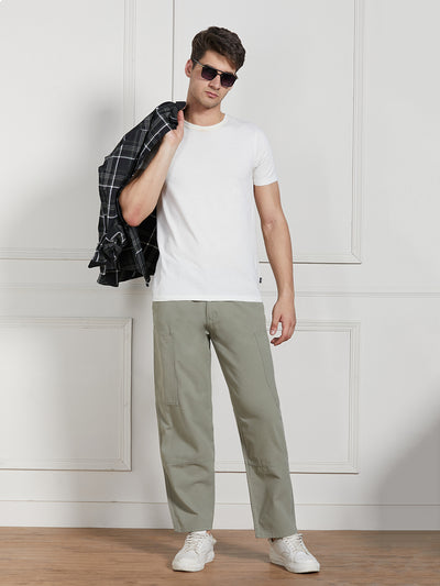 Men's Sage Green Cotton Lycra Solid Stretchable Relaxed fit Cargo Trousers
