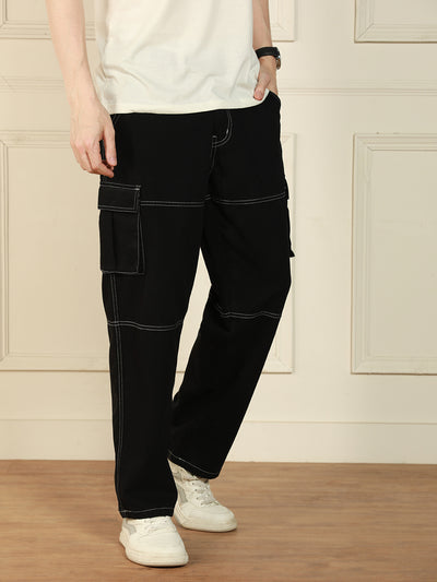 Men's Black Relaxed Fit Solid Cotton Lycra Stretchable Trousers