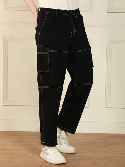 Men's Black Relaxed Fit Solid Cotton Lycra Stretchable Trousers